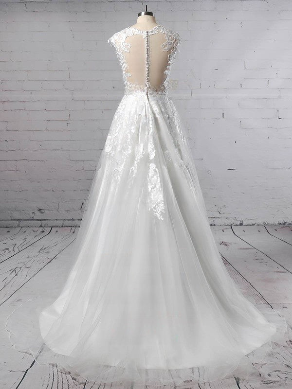 Illusion Tulle Ball Gown Wedding Dresses With Appliques Lace Sweep Train