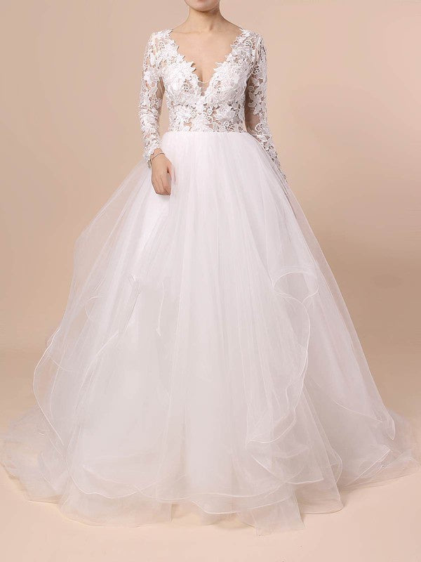 V-neck Organza Ball Gown Wedding Dress with Cascading Ruffles and Sweep Train