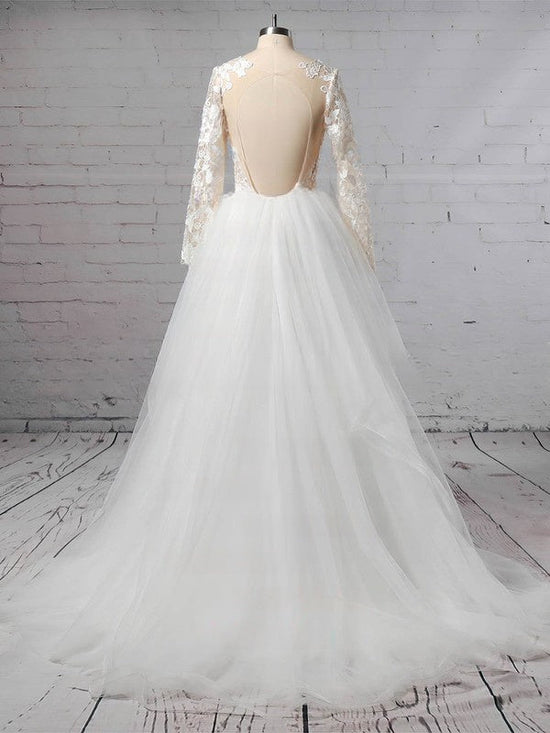 V-neck Organza Ball Gown Wedding Dress with Cascading Ruffles and Sweep Train