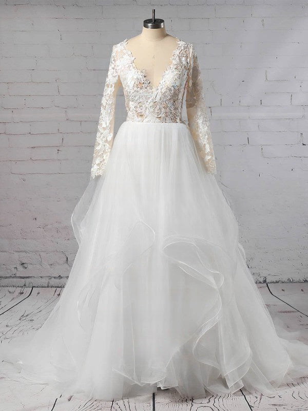 V-neck Organza Ball Gown Wedding Dress with Cascading Ruffles and Sweep Train