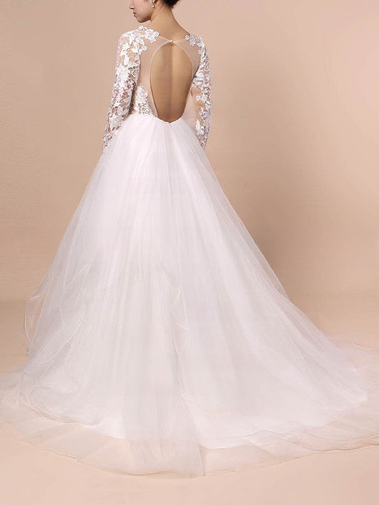 V-neck Organza Ball Gown Wedding Dress with Cascading Ruffles and Sweep Train