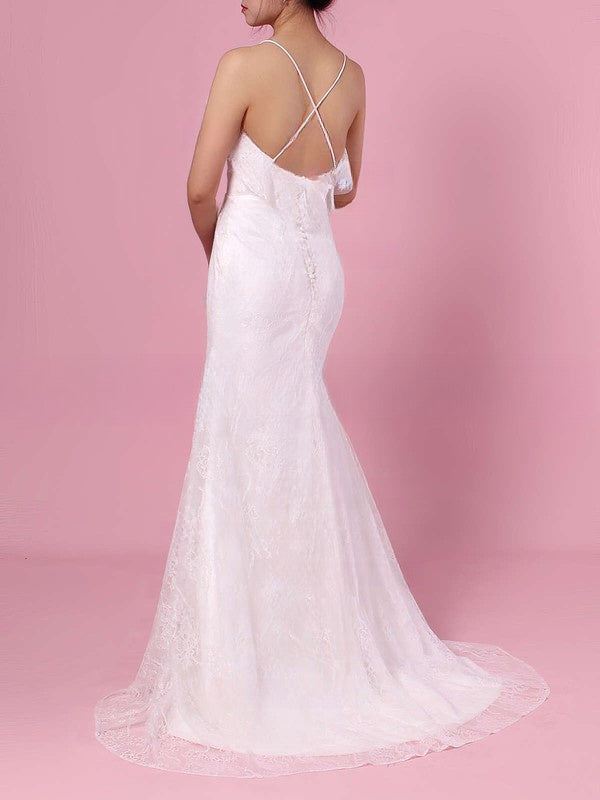 Gorgeous Trumpet/Mermaid V-neck Lace Wedding Dress with Cascading Ruffles and Sweep Train