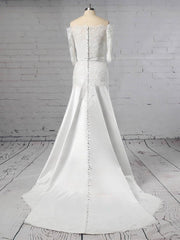 Sheath Column Off-the-shoulder Lace Satin Sweep Train Wedding Dress with Appliques Lace