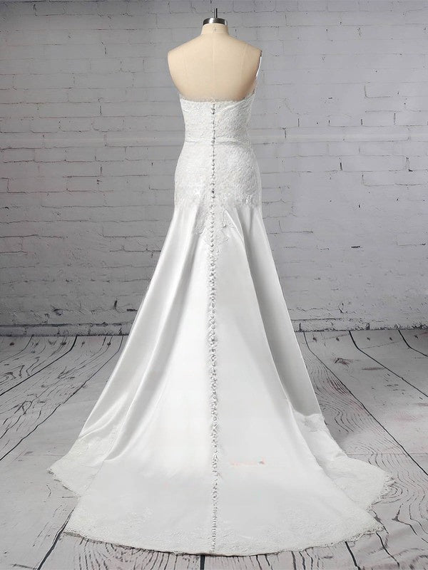 Sheath Column Off-the-shoulder Lace Satin Sweep Train Wedding Dress with Appliques Lace