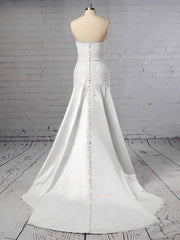 Sheath Column Off-the-shoulder Lace Satin Sweep Train Wedding Dress with Appliques Lace
