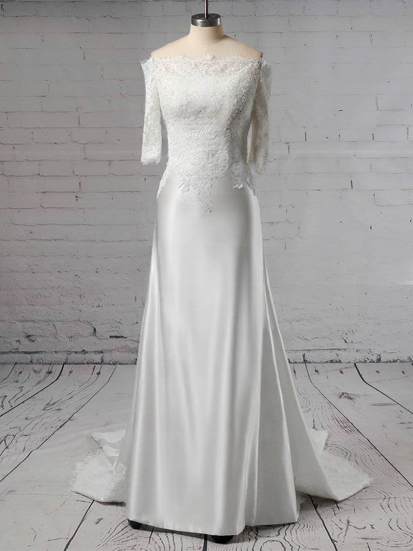 Sheath Column Off-the-shoulder Lace Satin Sweep Train Wedding Dress with Appliques Lace