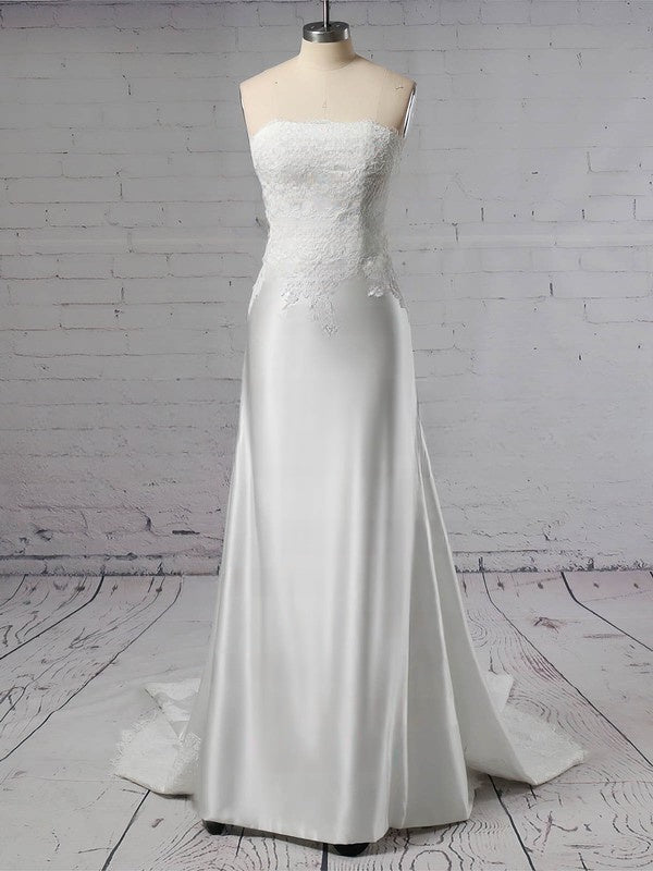 Sheath Column Off-the-shoulder Lace Satin Sweep Train Wedding Dress with Appliques Lace