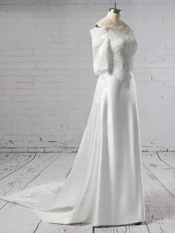 Sheath Column Off-the-shoulder Lace Satin Sweep Train Wedding Dress with Appliques Lace
