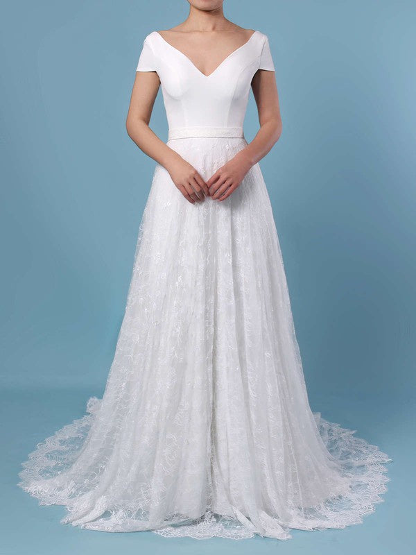 A-line V-neck Lace Wedding Dresses With Sashes / Ribbons & Sweep Train