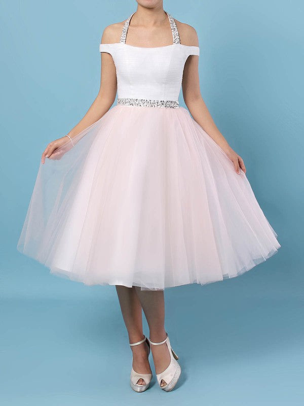 Elegant Ball Gown Halter Tulle Tea-Length Wedding Dress With Beading