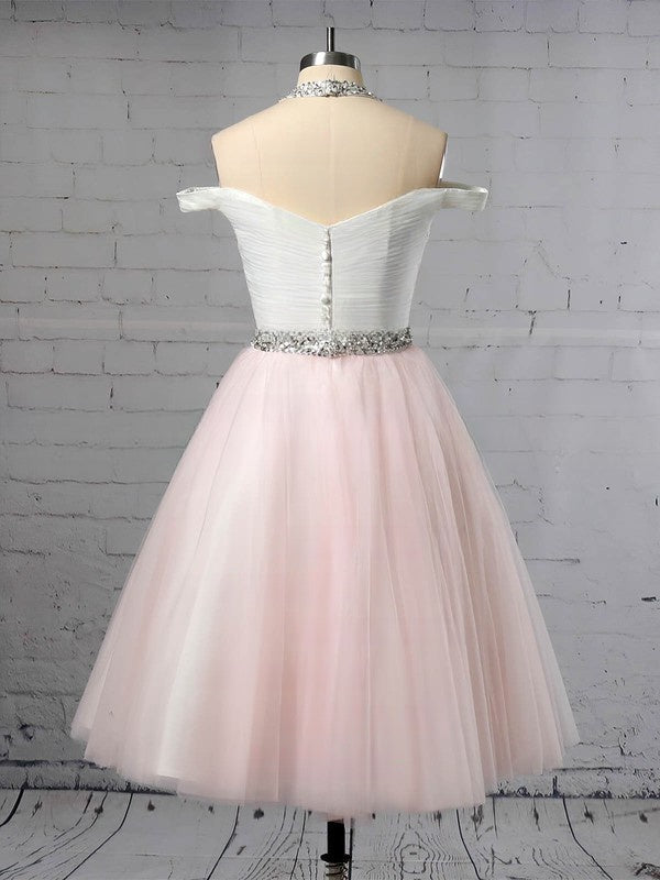 Elegant Ball Gown Halter Tulle Tea-Length Wedding Dress With Beading