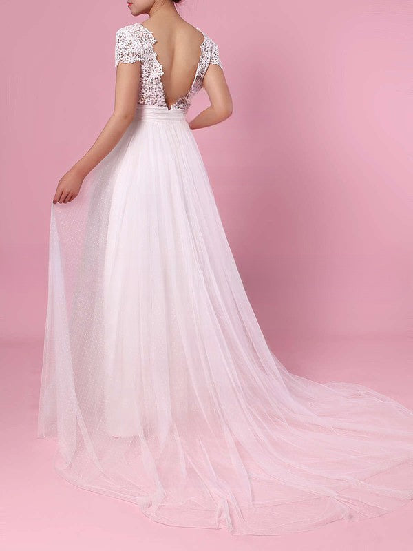 Breathtaking Ball Gown V-neck Lace Tulle Wedding Dress With Pearl Detailing