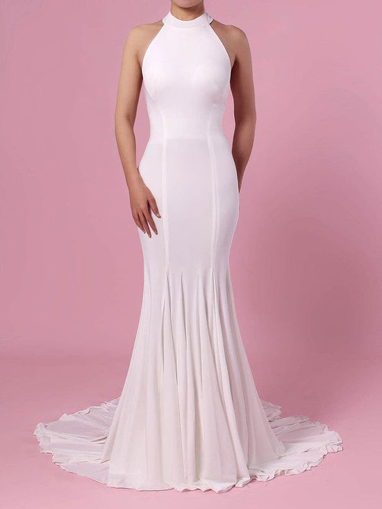 Elegant Trumpet/Mermaid Halter Satin Chiffon Sweep Train Wedding Dress