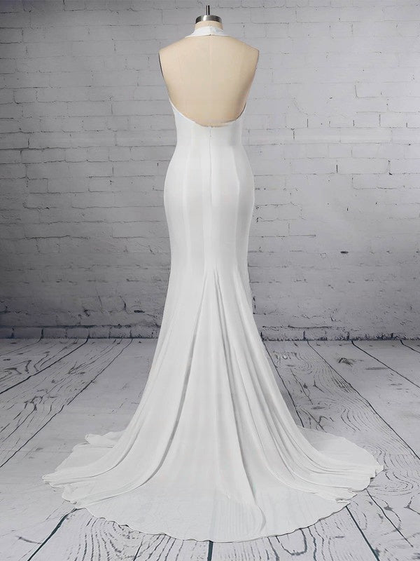 Elegant Trumpet/Mermaid Halter Satin Chiffon Sweep Train Wedding Dress