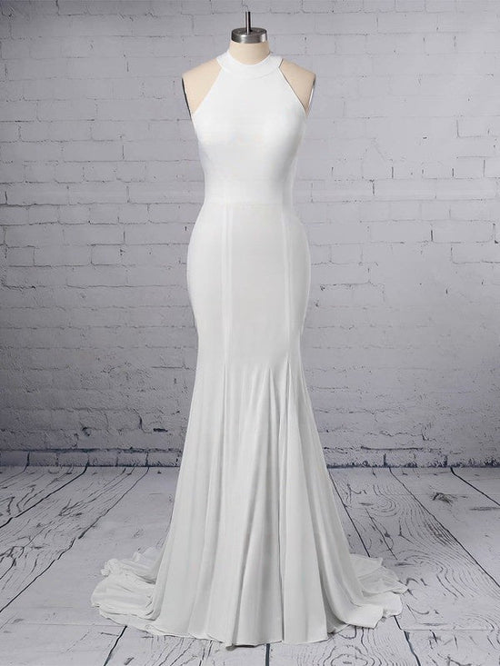 Elegant Trumpet/Mermaid Halter Satin Chiffon Sweep Train Wedding Dress