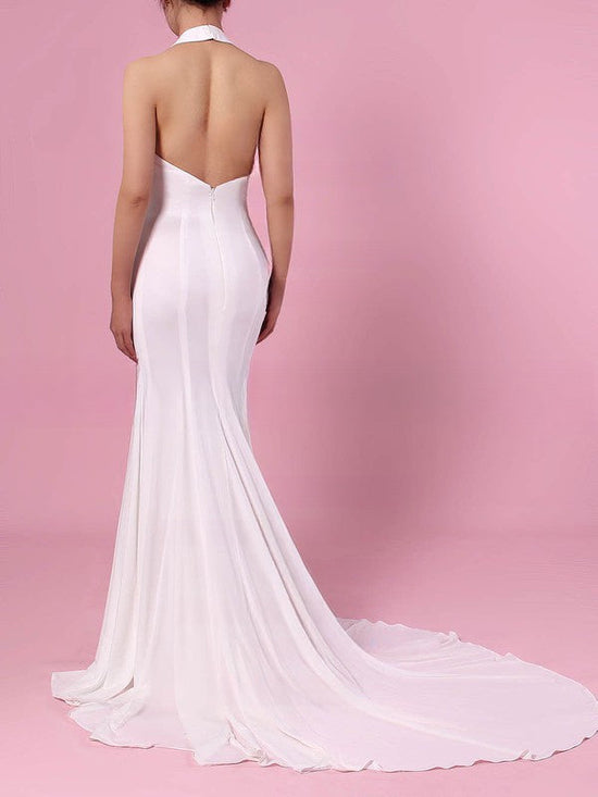 Elegant Trumpet/Mermaid Halter Satin Chiffon Sweep Train Wedding Dress