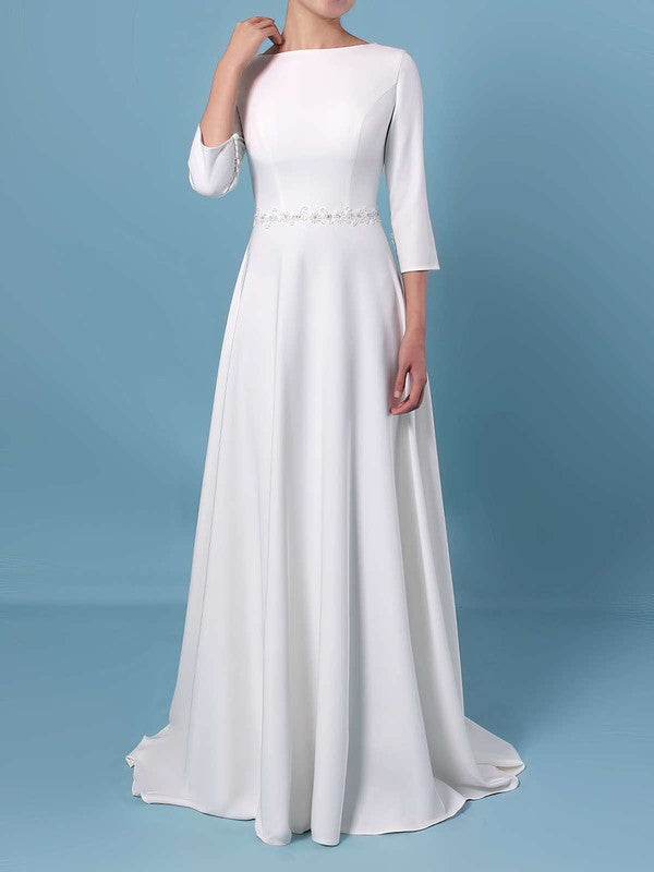 A-line Scoop Neck Satin Sweep Train Wedding Dresses With Sashes/Ribbons