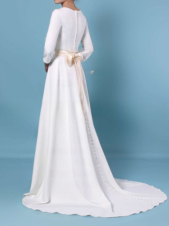 A-line Scoop Neck Satin Sweep Train Wedding Dresses With Sashes/Ribbons