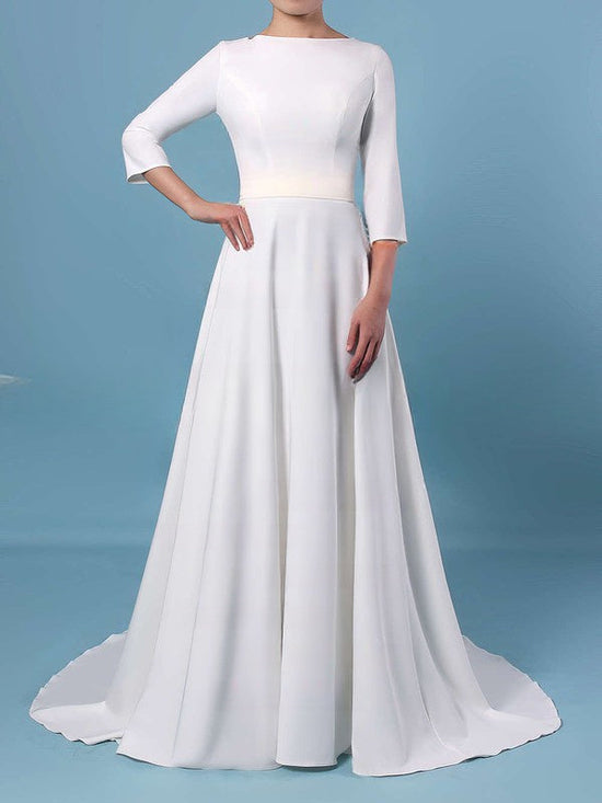 A-line Scoop Neck Satin Sweep Train Wedding Dresses With Sashes/Ribbons