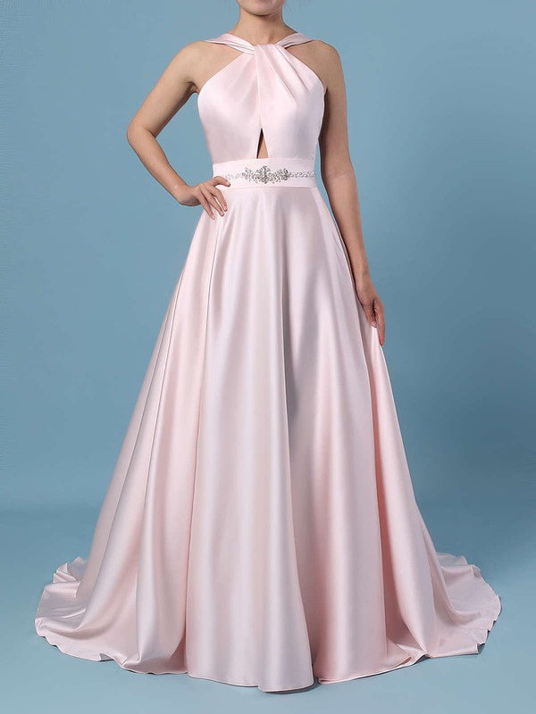 Beaded Halter Satin Ball Gown Wedding Dress with Sweep Train