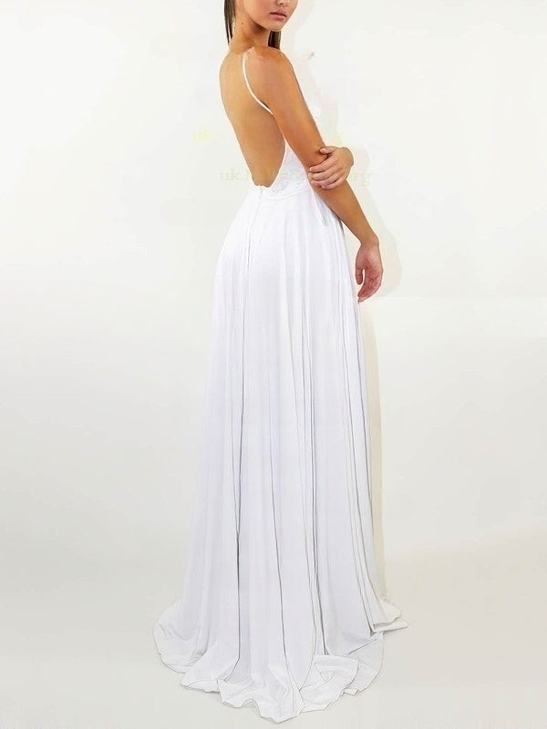 A-Line Scoop Neck Lace Chiffon Sweep Train Wedding Dress with Split Front