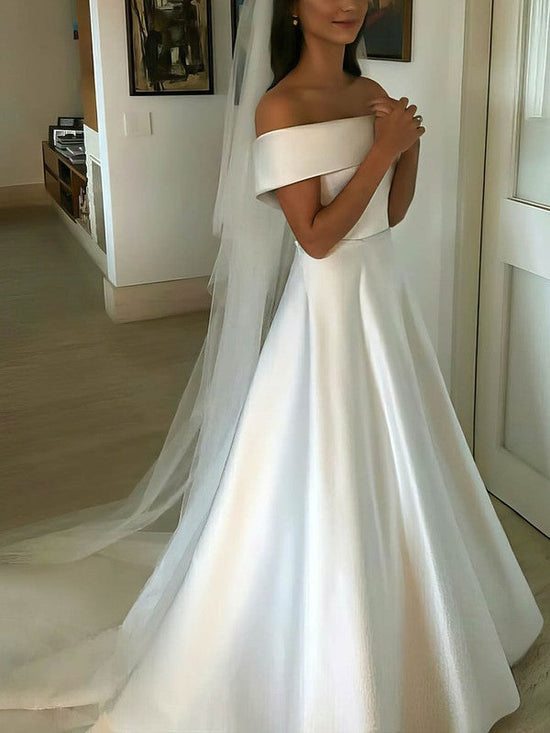 Luxurious Ball Gown Off-the-shoulder Satin Sweep Train Wedding Dresses With Buttons