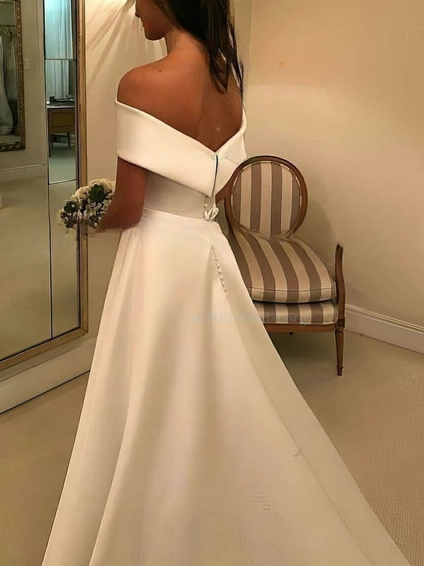 Luxurious Ball Gown Off-the-shoulder Satin Sweep Train Wedding Dresses With Buttons