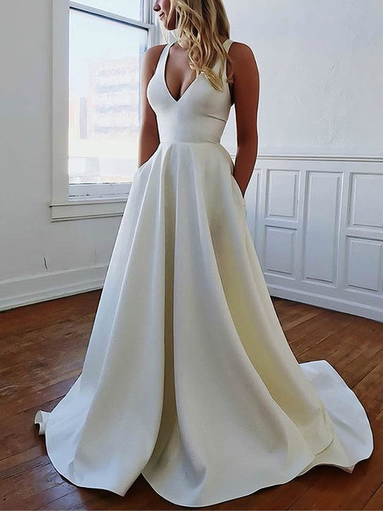 V-neck Satin Sweep Train Wedding Dresses With Pockets for Ball Gowns