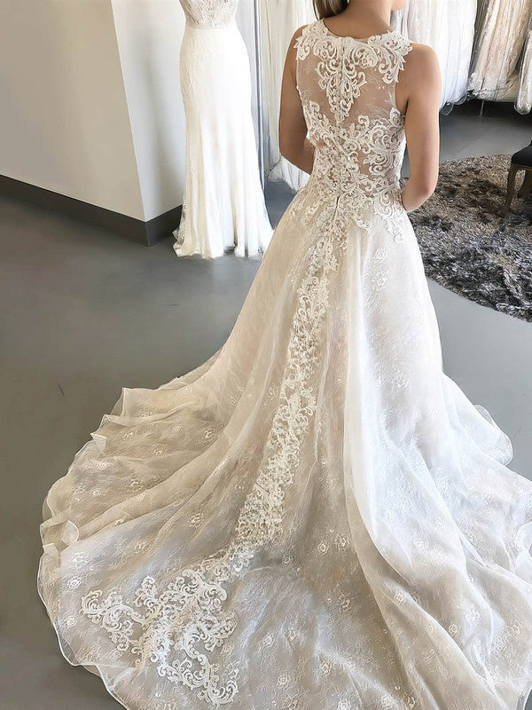 Illusion Lace Ball Gown Wedding Dress with Appliques and Sweep Train