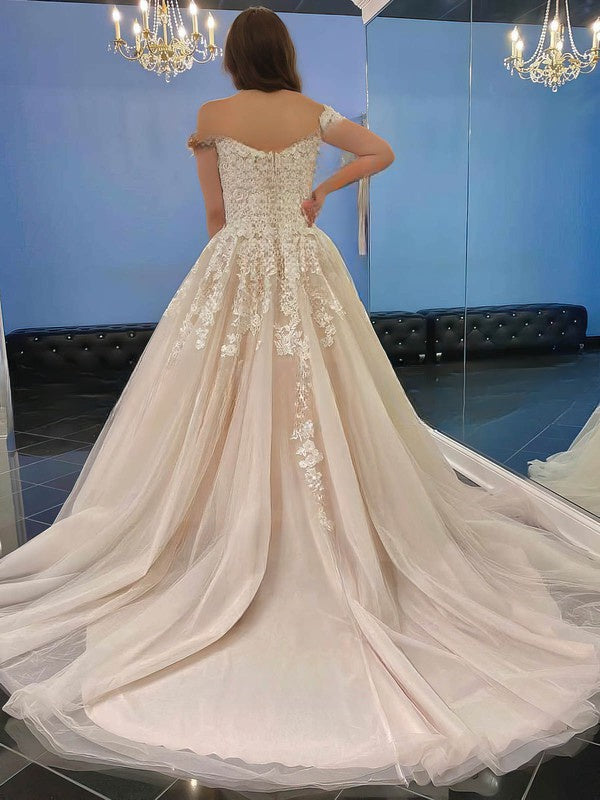 Off-the-shoulder Ball Gown Wedding Dress with Tulle Sweep Train and Lace Appliques