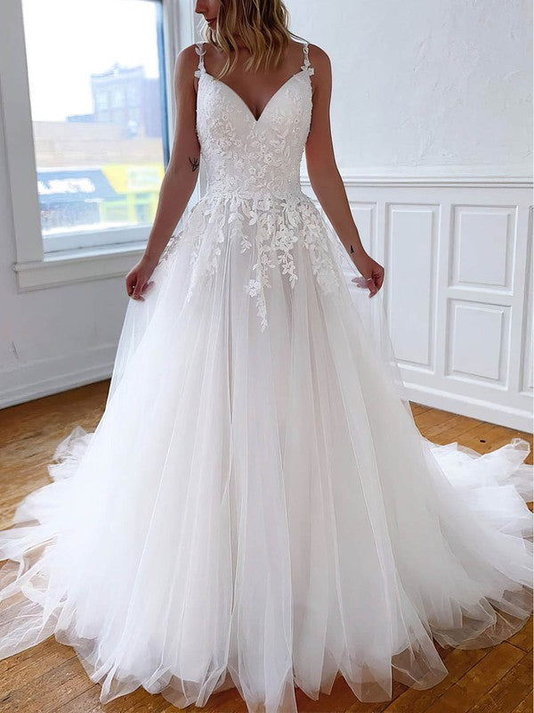 V-Neck Ball Gown Tulle Wedding Dress with Appliques and Lace Sweep Train