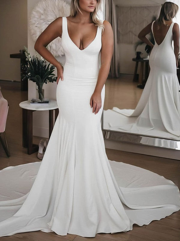 Elegant V-neck Trumpet/Mermaid Stretch Crepe Sweep Train Wedding Dress