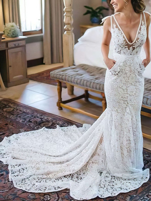 Elegant Trumpet/Mermaid V-neck Lace Court Train Wedding Dress With Pockets