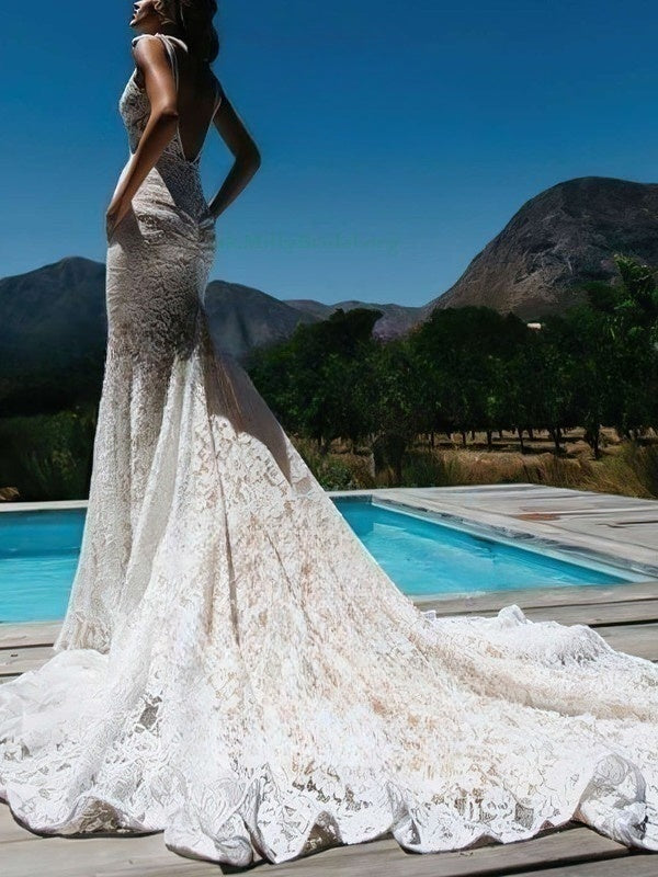 Elegant Trumpet/Mermaid V-neck Lace Court Train Wedding Dress With Pockets