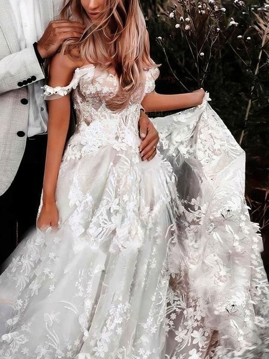 Gorgeous Off-the-shoulder Ball Gown Wedding Dress with Tulle Sweep Train and Appliques Lace