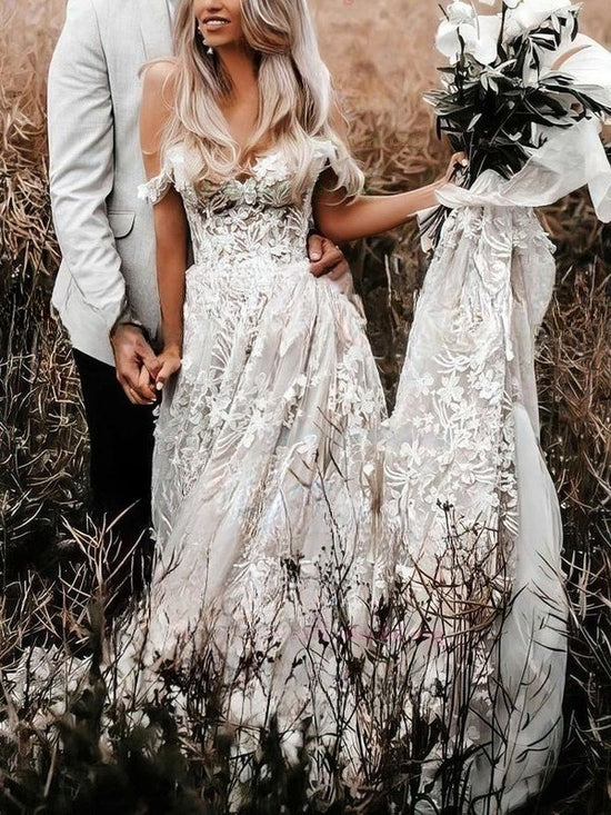 Gorgeous Off-the-shoulder Ball Gown Wedding Dress with Tulle Sweep Train and Appliques Lace