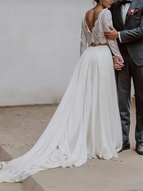 A-line Scoop Neck Lace Chiffon Sweep Train Wedding Dress