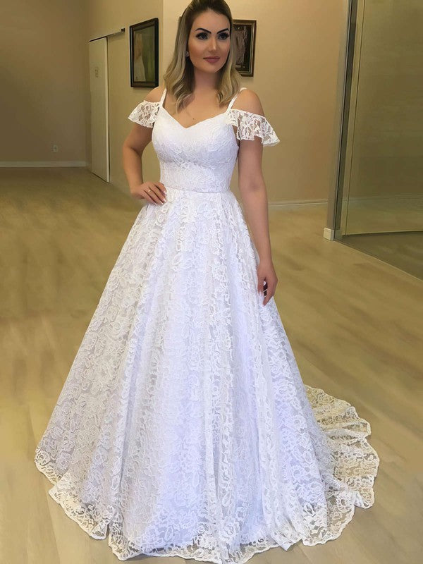 V-Neck Lace Sweep Train Wedding Dress - Ball Gown Style