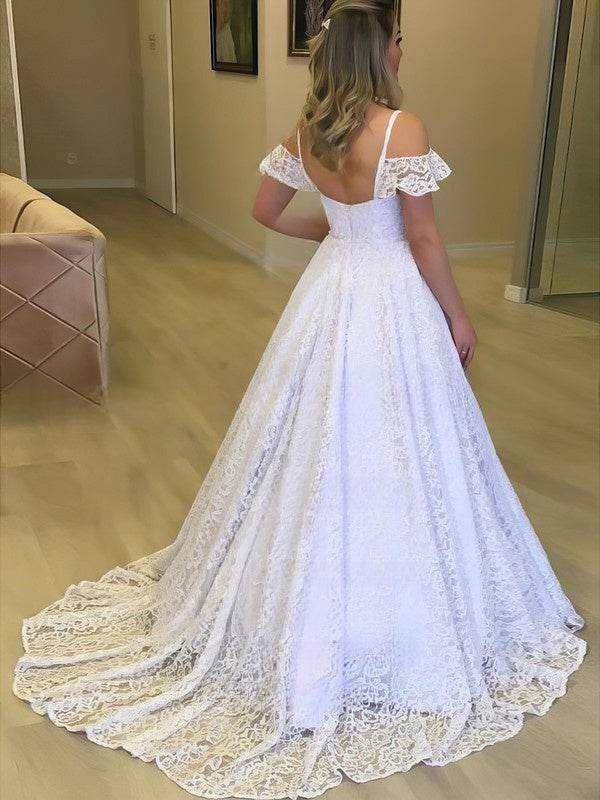 V-Neck Lace Sweep Train Wedding Dress - Ball Gown Style