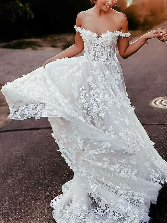 Off-the-shoulder Ball Gown Wedding Dress with Tulle Sweep Train and Appliques Lace