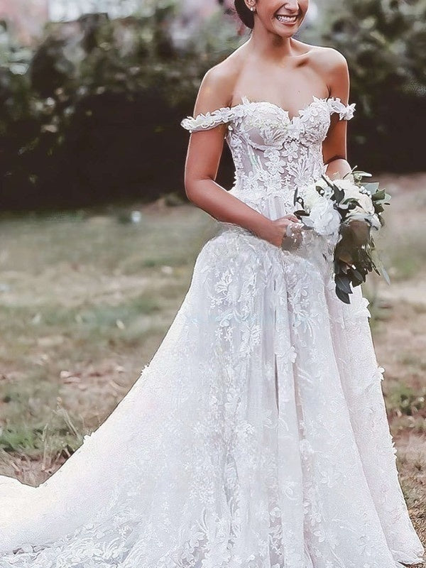 Off-the-shoulder Ball Gown Wedding Dress with Tulle Sweep Train and Appliques Lace