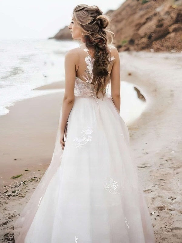 Illusion Tulle Ball Gown Wedding Dress with Appliques Lace and Sweep Train