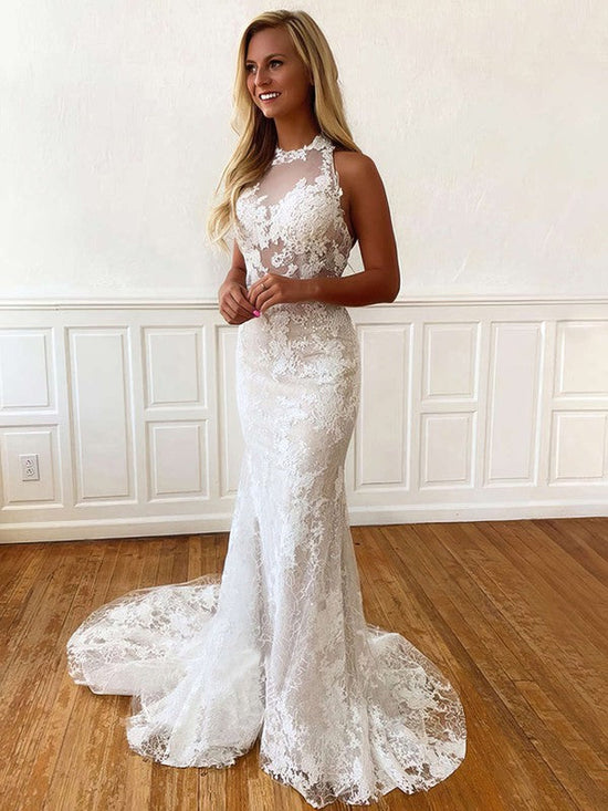 Trumpet/Mermaid Halter Lace Sweep Train Wedding Dress With Appliques Lace