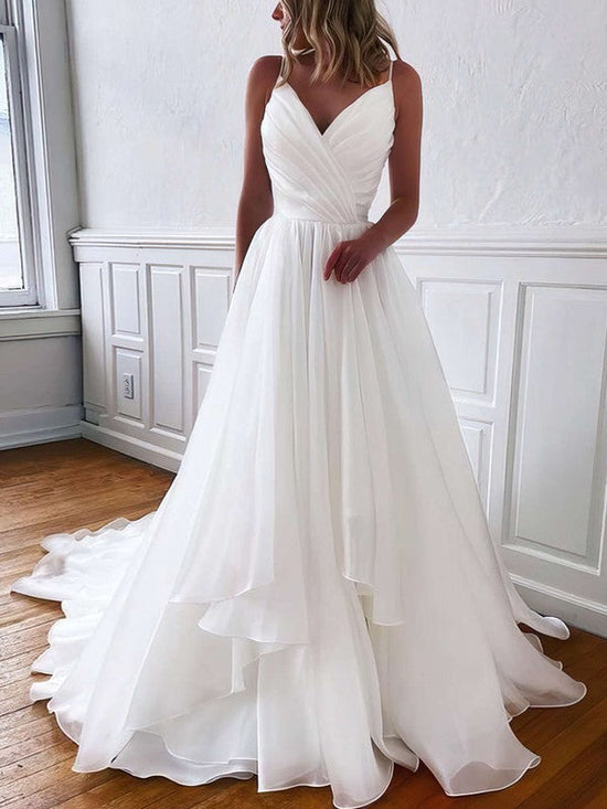 Organza Sweep Train Wedding Dresses with Ruffles - Ball Gown V-neck