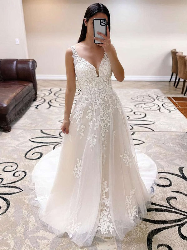 V-neck Tulle Sweep Train Wedding Dress With Appliques Lace Ball Gown