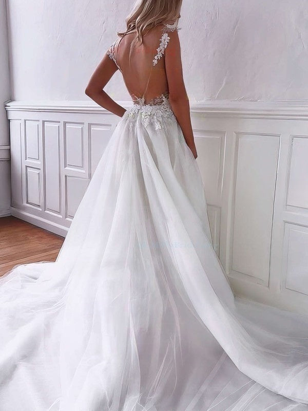 V-neck Tulle Court Train Wedding Dress With Pockets - Ball Gown