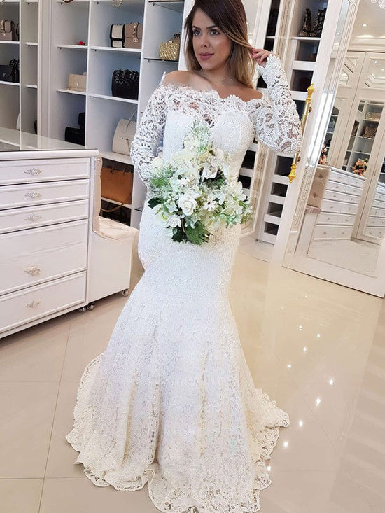 Stunning Lace Trumpet/Mermaid Off-the-shoulder Wedding Dress with Sweep Train