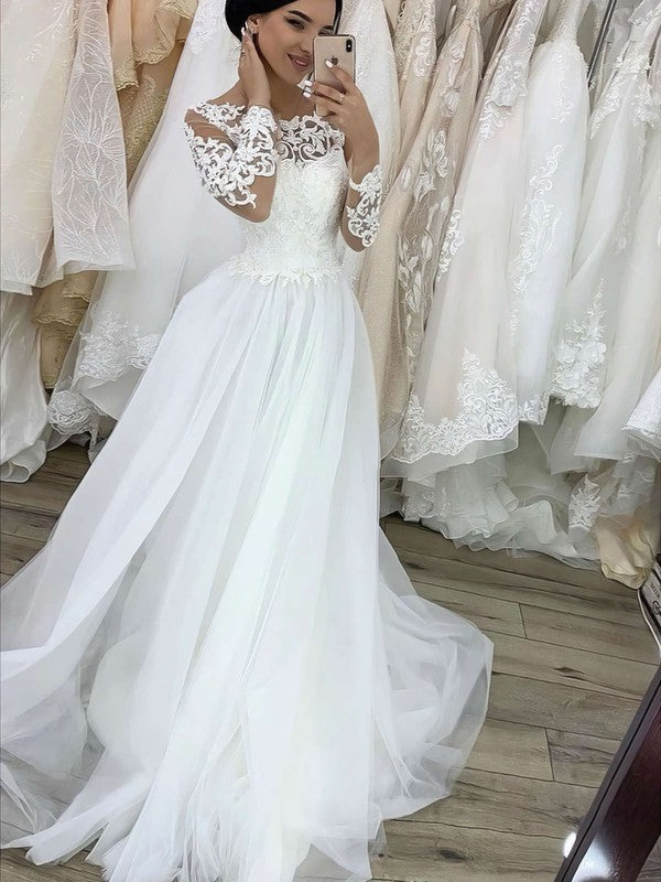 Stunning Ball Gown Illusion Tulle Sweep Train Wedding Dresses With Appliques Lace