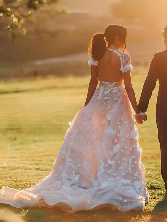 V-neck Tulle Ball Gown Wedding Dress with Pockets and Sweep Train