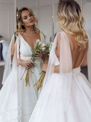 Elegant V-neck Organza Ball Gown Wedding Dress with Ruffles and Sweep Train